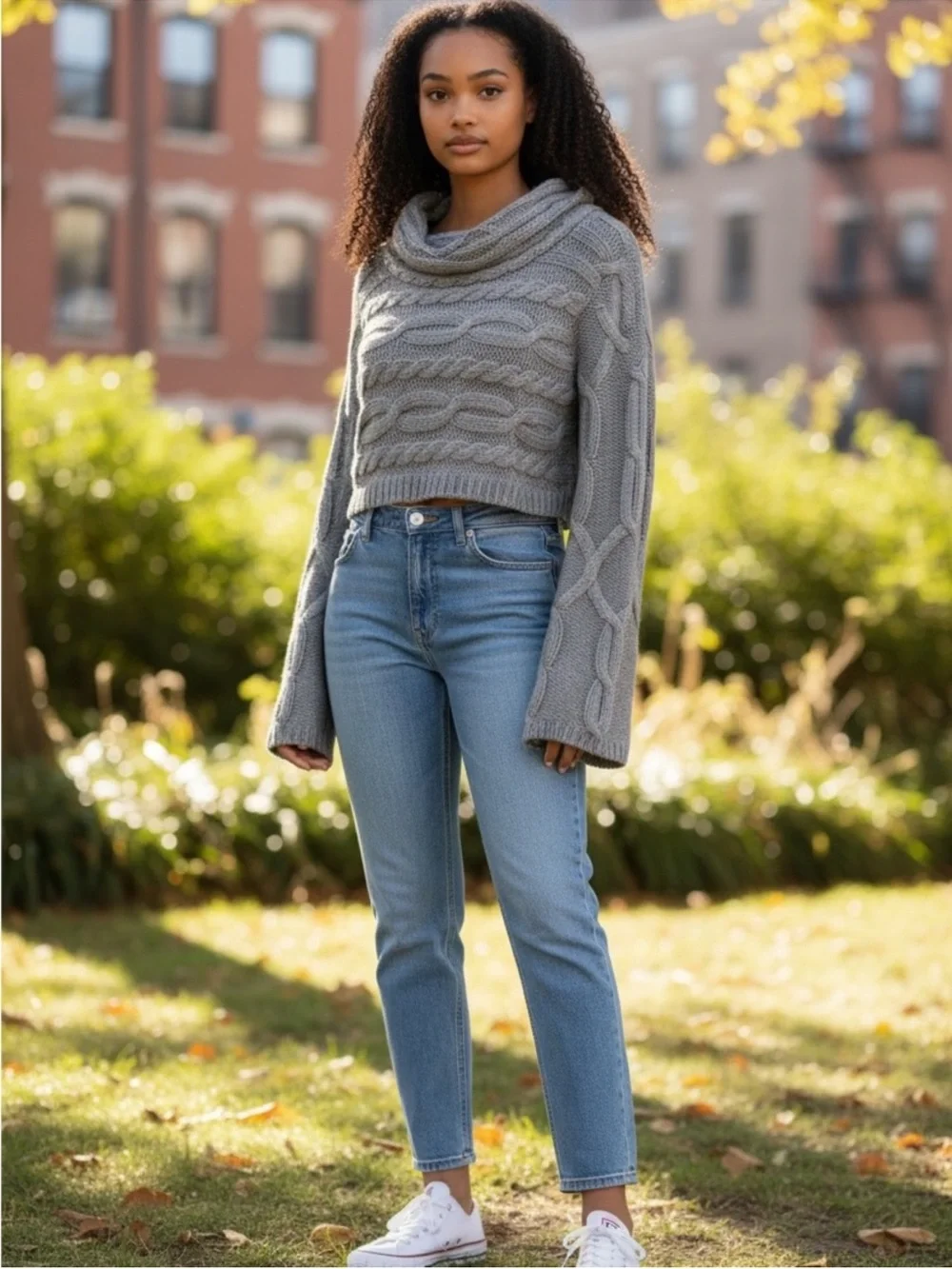 Alpaca Blend Cowl Cropped Cable Knit Sweater - Picture 3 of 10